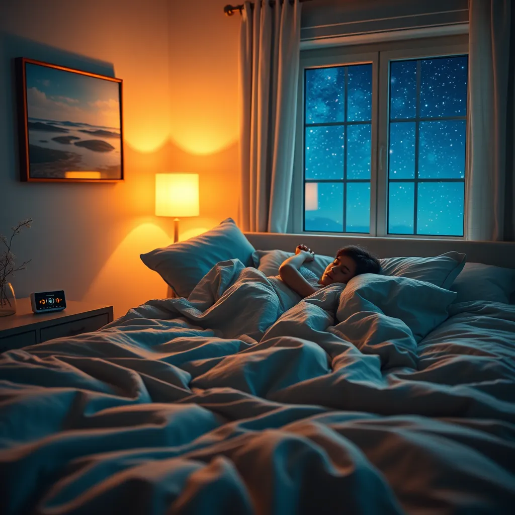 A cozy bedroom scene where a person is peacefully sleeping in a plush bed. The room is dimly lit by a soft lamp, casting warm colors that create a serene atmosphere. The walls are decorated with calming artwork representing dreamy landscapes. The bed is draped with luxurious blankets and pillows, enhancing the inviting feel. On a bedside table, a small audio player with soft glowing indicators is playing binaural beats. A window displaying a night sky filled with stars adds an enchanting touch. The camera angle is from the foot of the bed, capturing the tranquility of the entire space, focusing on the resting figure while conveying a warm and soothing mood. The composition should aim for 8K resolution, emphasizing ultra-detailed textures of the bedding and environment.