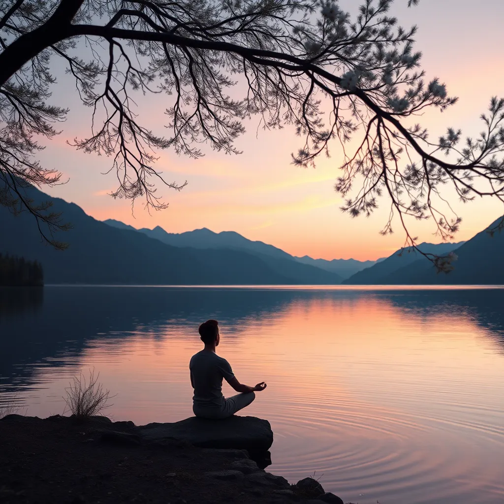 A peaceful landscape at twilight, featuring a person meditating by a serene lake surrounded by mountains. Soft pastel colors in the sky, gentle ripples on the water, and delicate trees framing the scene. The overall ambiance exudes calmness and serenity.