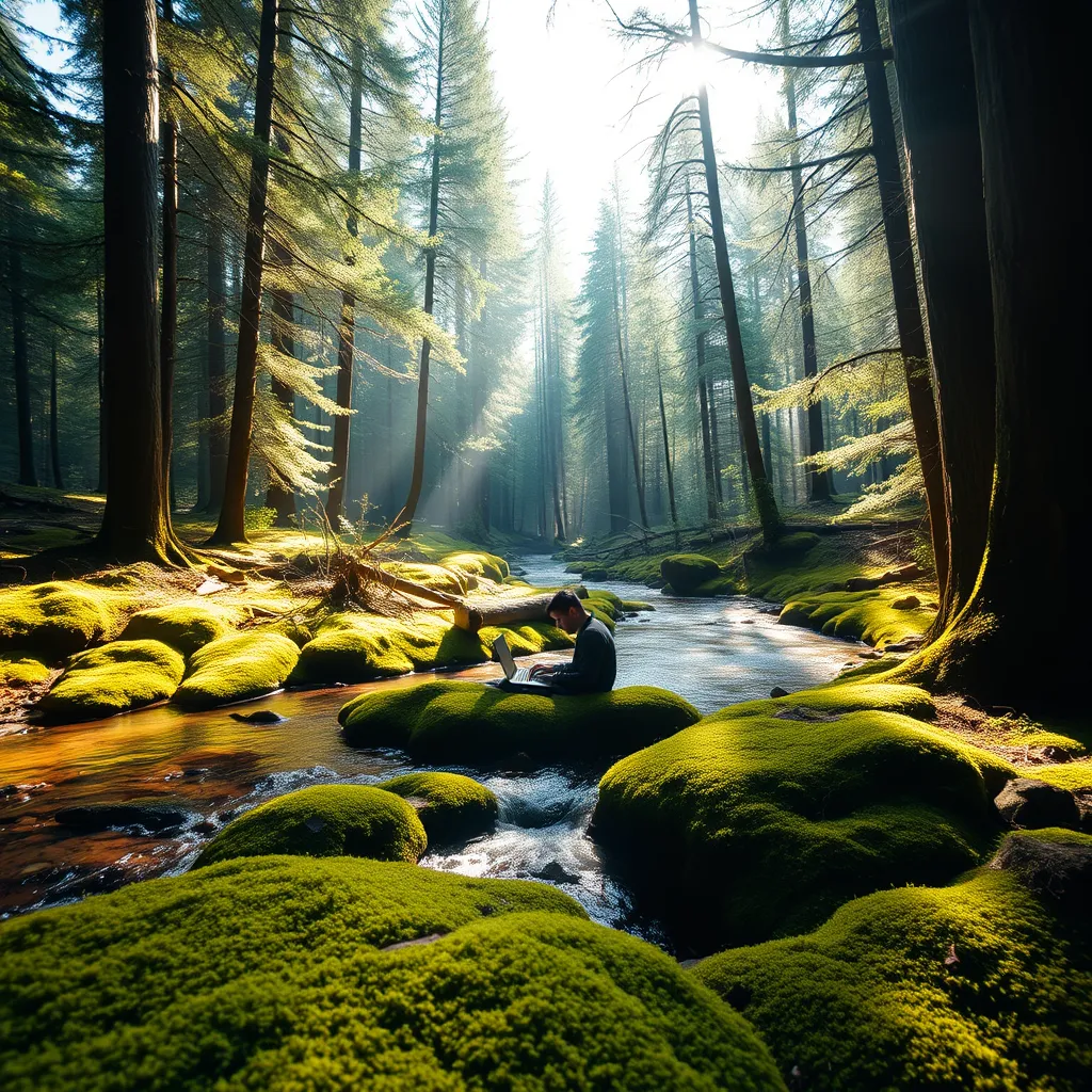 A picturesque forest scene with sunlight streaming through the trees, the ground covered in soft moss, and a crystal-clear stream gently flowing. Overlay a faint image of a person working on a laptop, fully engaged and focused amidst the beauty of nature.
