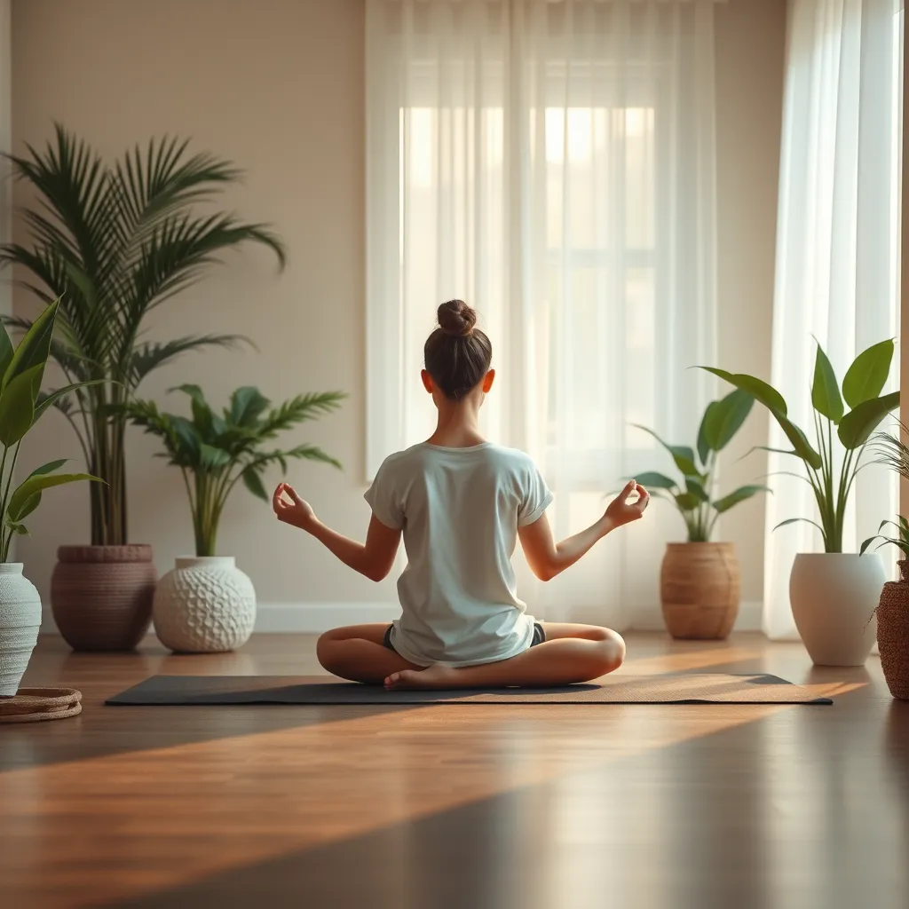 A serene and peaceful indoor space with a person sitting cross-legged on a yoga mat, engaging in guided meditation. Soft, warm light filters through a window, surrounded by plants and calming decor, creating an atmosphere of tranquility and focus.