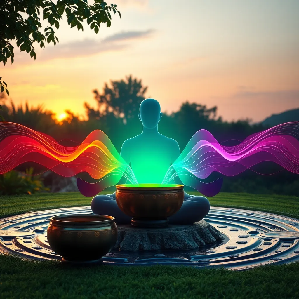 A serene setting featuring a meditative figure surrounded by gentle waves of sound, with vibrant sound frequencies depicted as colorful waves emanating from singing bowls and handpans. The background includes lush greenery and a soft sunset sky, emphasizing relaxation and healing.