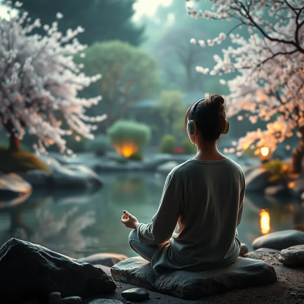 A tranquil scene showing a person meditating in a Zen garden, listening to a guided meditation through headphones. Visual elements include a peaceful pond, smooth rocks, and cherry blossom trees, highlighted with soft, glowing ambient light to evoke calmness and focus.