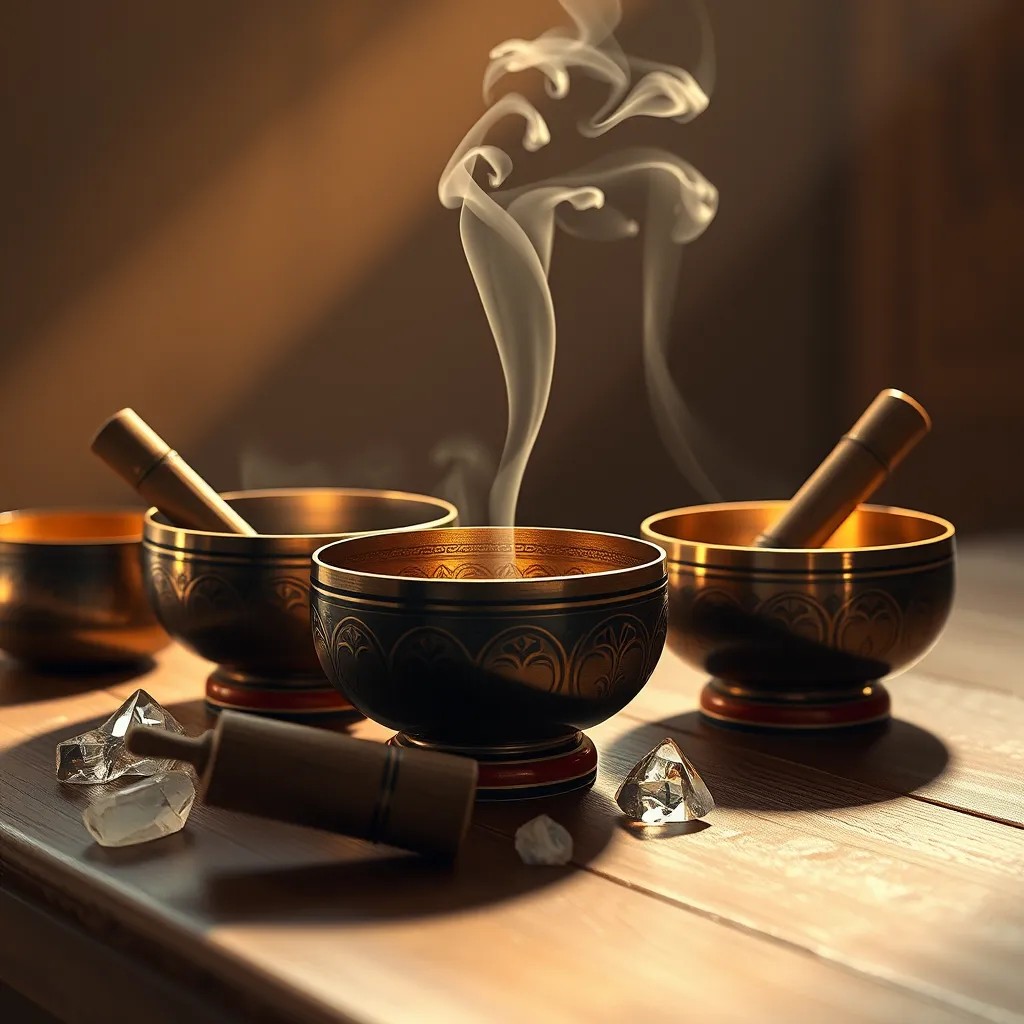 An artistic arrangement of beautifully crafted singing bowls and a handpan on a wooden altar. Soft golden light highlights the intricate designs of the bowls, with meditation crystals scattered around. A gentle incense smoke curls upwards, enhancing the spiritual atmosphere.
