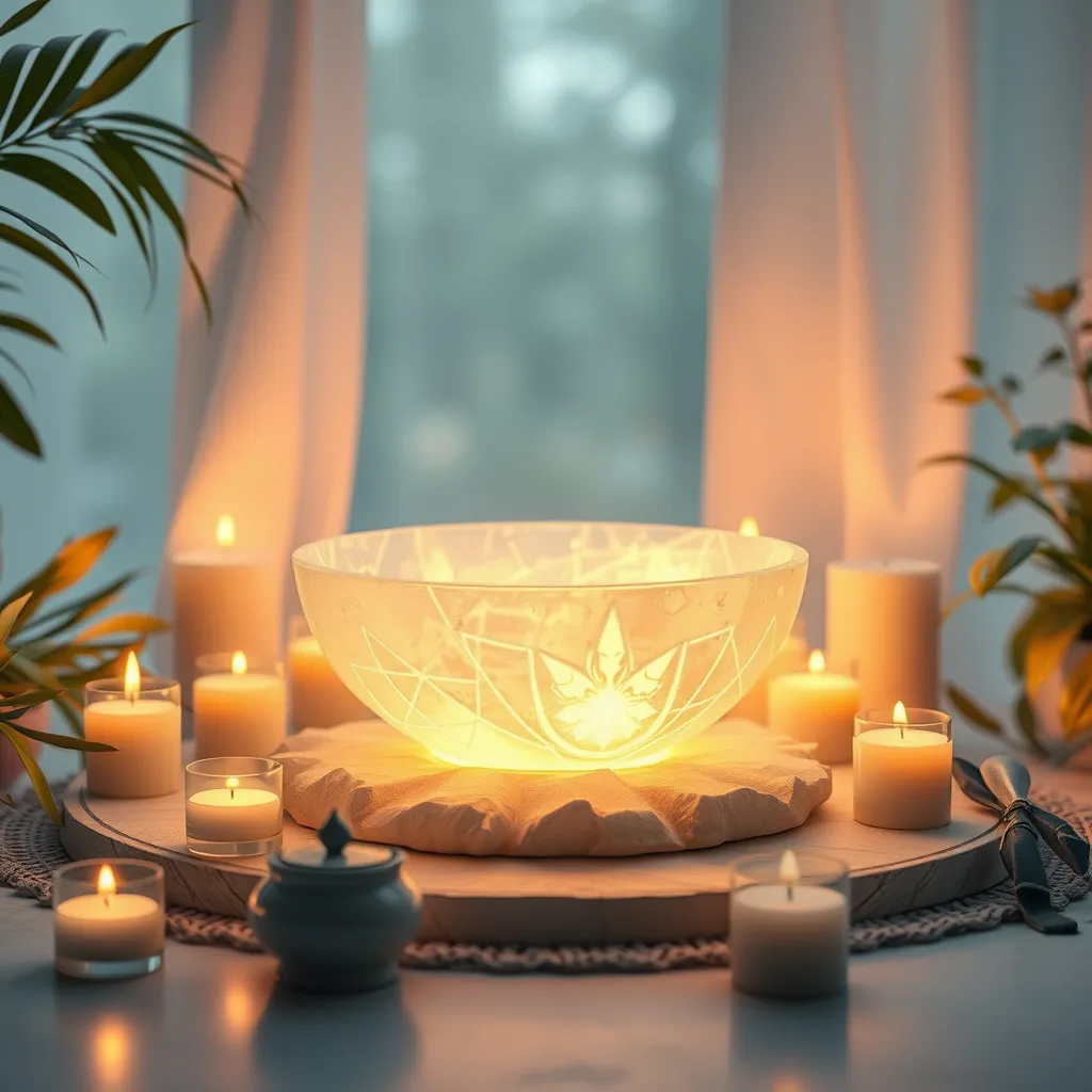 An ethereal setting with a glowing crystal bowl emitting soothing light surrounded by calming plants and candles. Soft colors blend harmoniously, emphasizing the healing energy of Solfeggio tones, inviting viewers into a serene and rejuvenating ambiance.